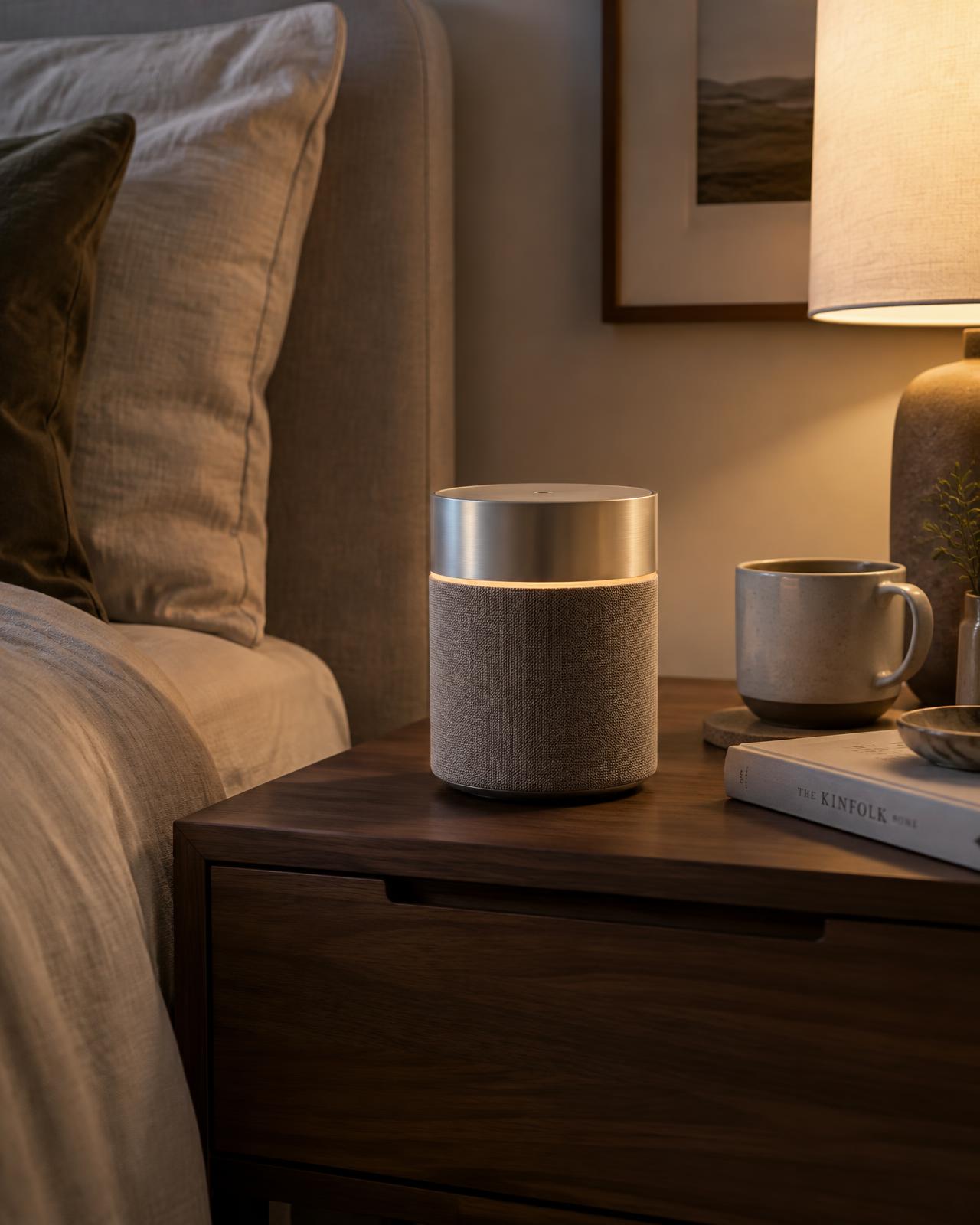 NOVEN One on a walnut bedside table beside a lamp, a mug and a book in evening light.