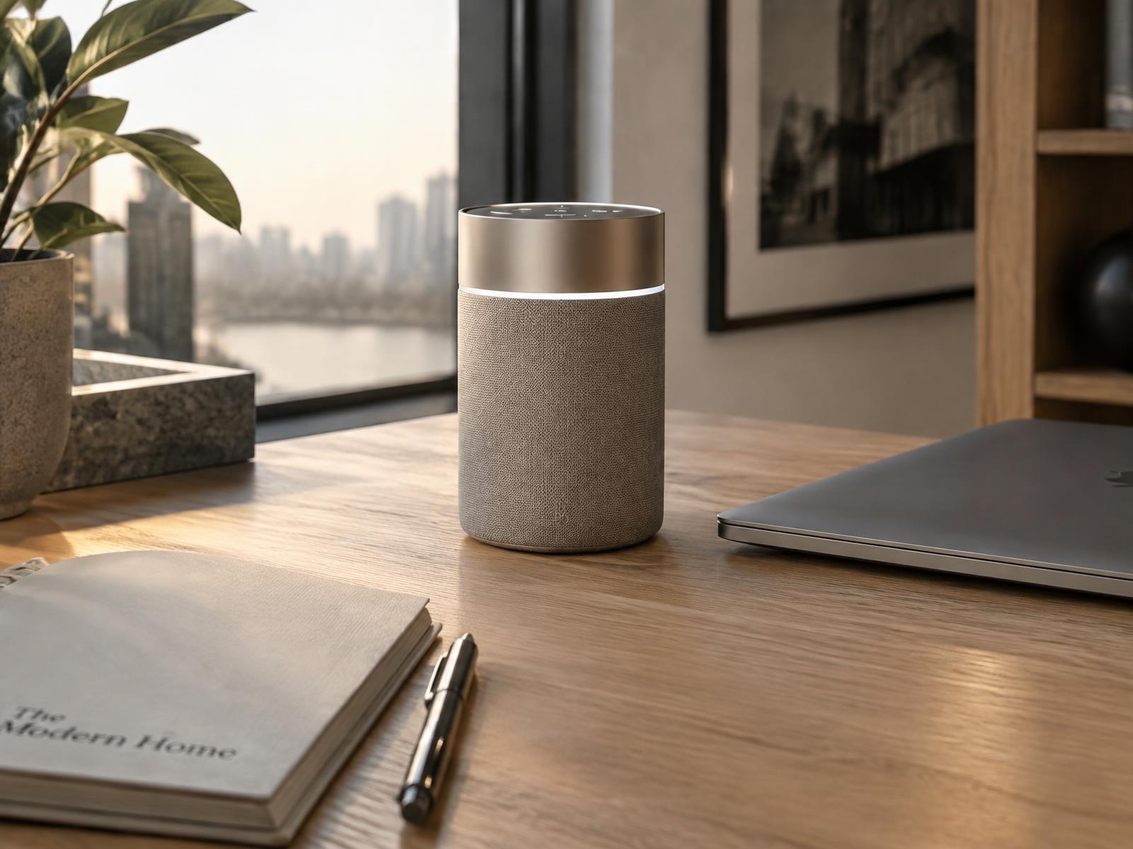 NOVEN One on an oak desk next to a notebook, pen and closed laptop by a large window.