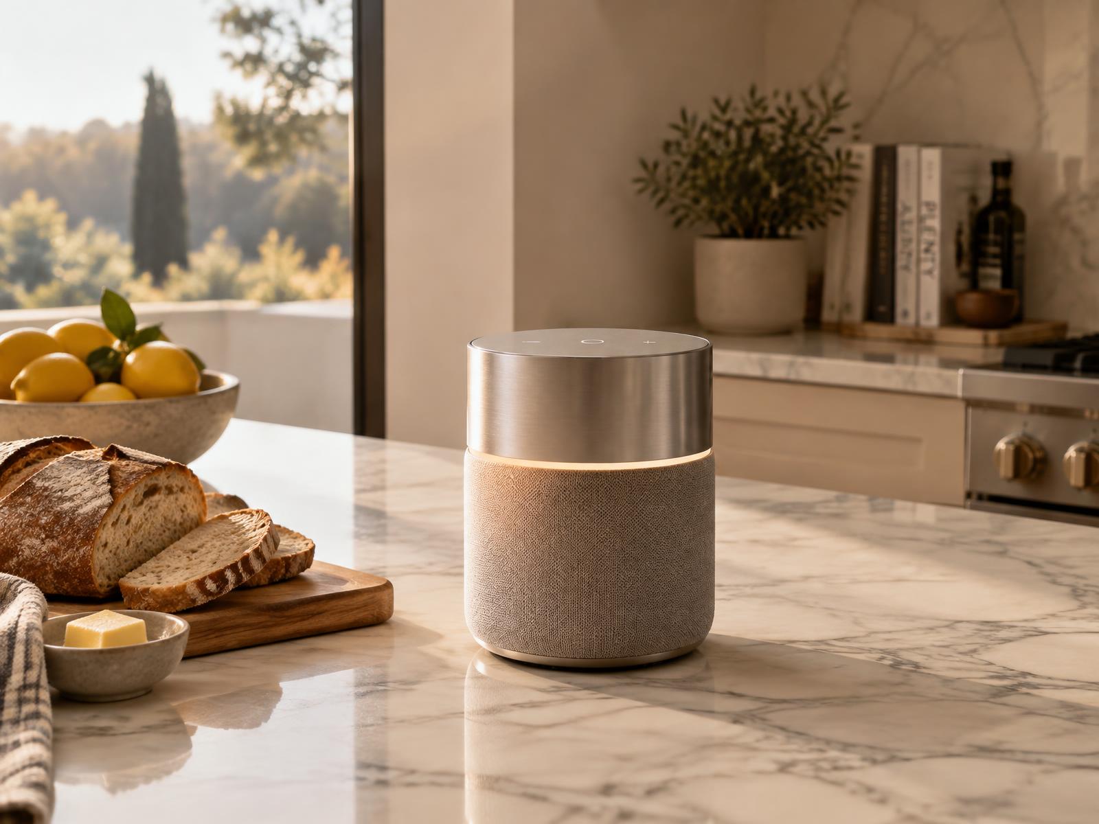 NOVEN One on a marble kitchen countertop beside bread and a bowl of lemons in morning light.